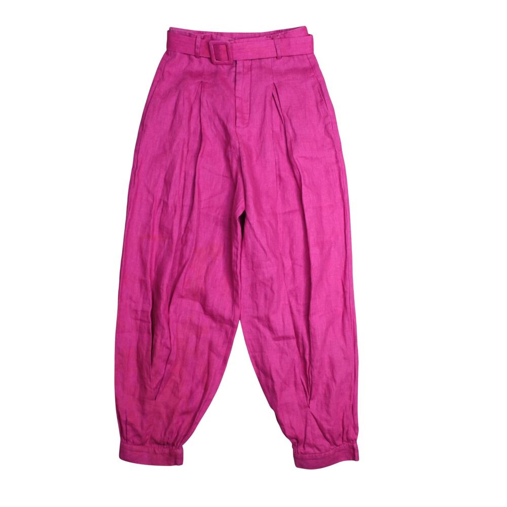 Farm Rio Linen Pants Womens XS Pink High Rise Belted Balloon Harem Boho Tags